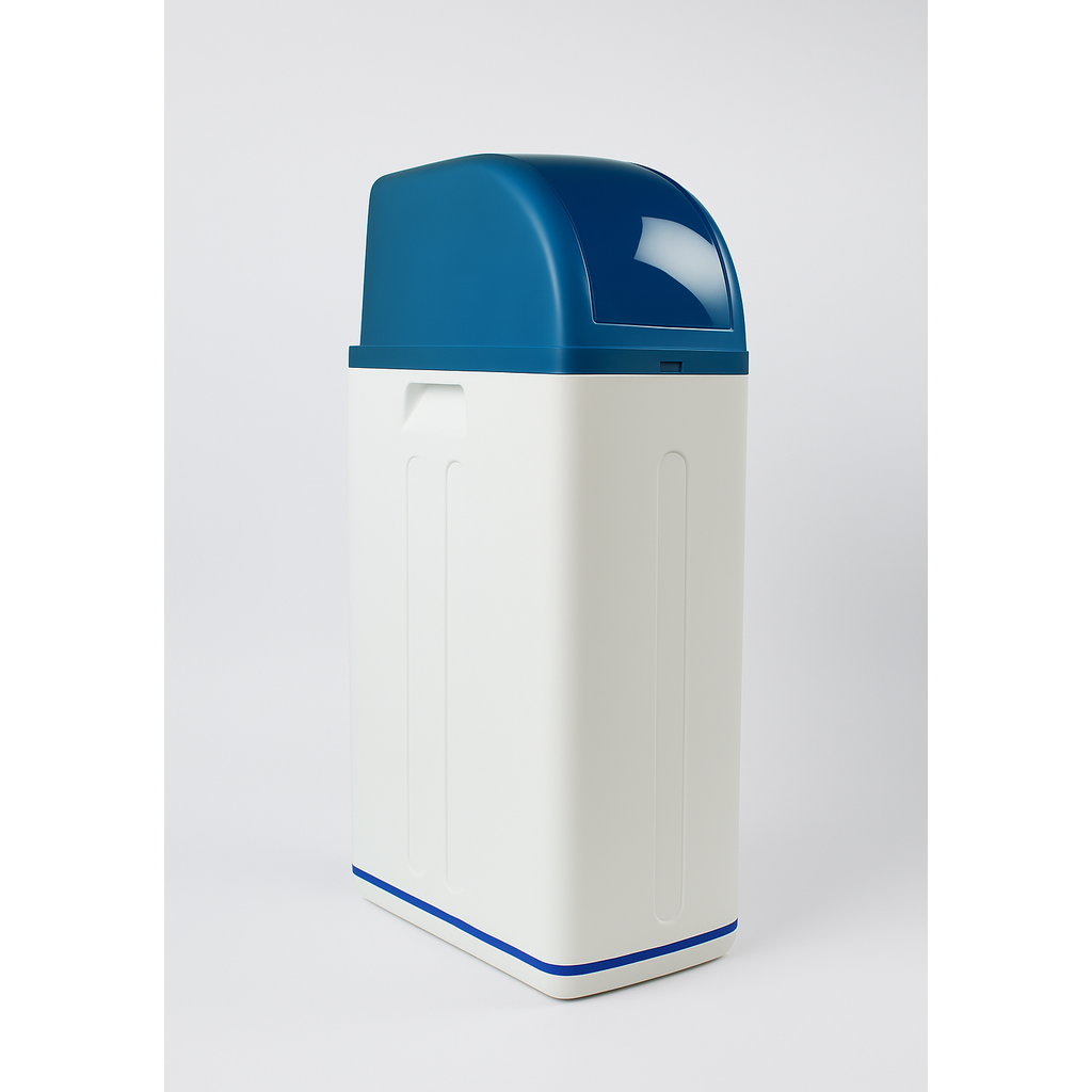 Moderne waterontharder met wit-blauw ontwerp voor kalkvrij en zuiver water
